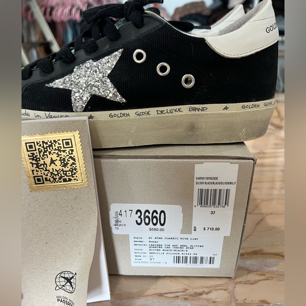 Golden goose hi star black canvas and glitter star with extra silver laces NWT